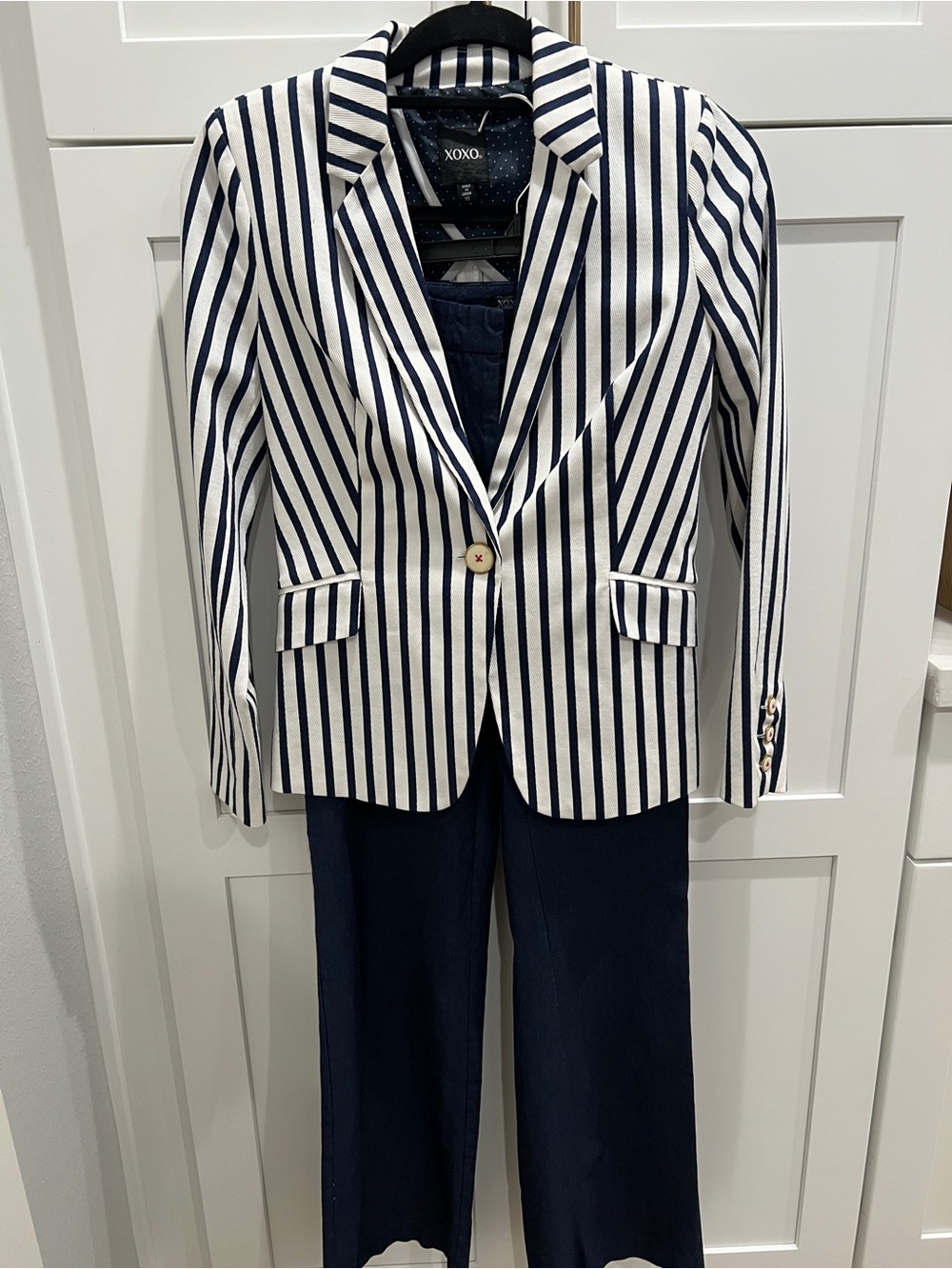 XOXO Navy & white Suit striped blazer & matching navy sailor pants XS/Pants 5/6